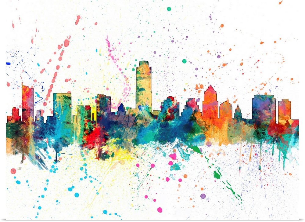 Wild and vibrant paint splatter silhouette of the Austin skyline.