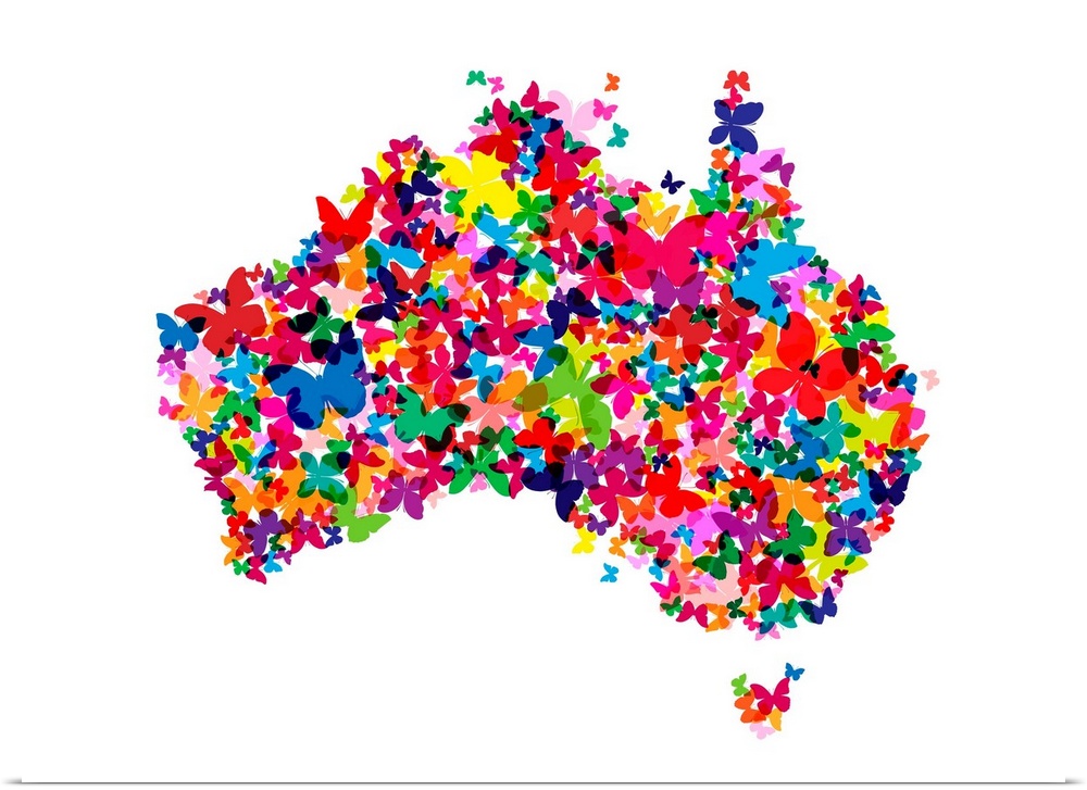 Contemporary piece of artwork of a map of Australia made of colorful butterflies.