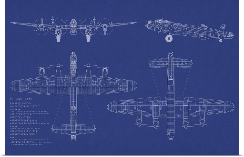 Architectural drawings of all sides of a bomber airplane with specifications listed on a solid background.