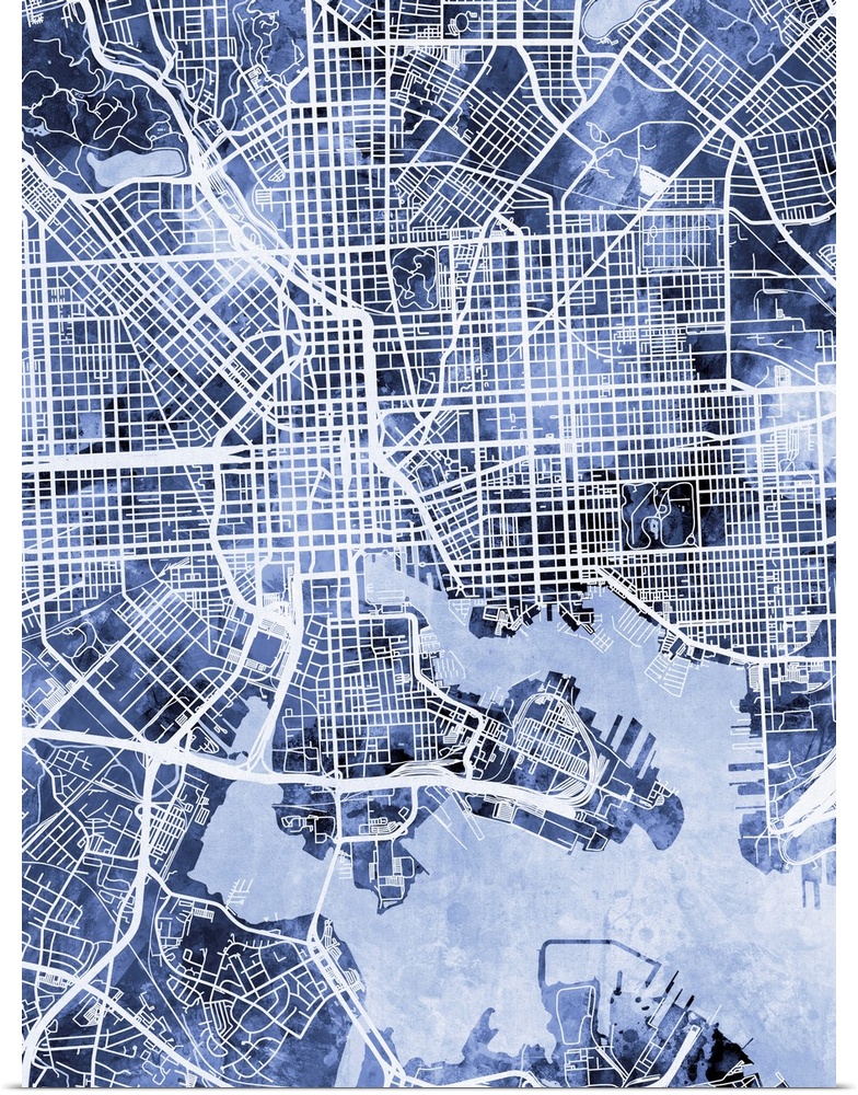 Blue toned city street map artwork of Baltimore, Maryland.
