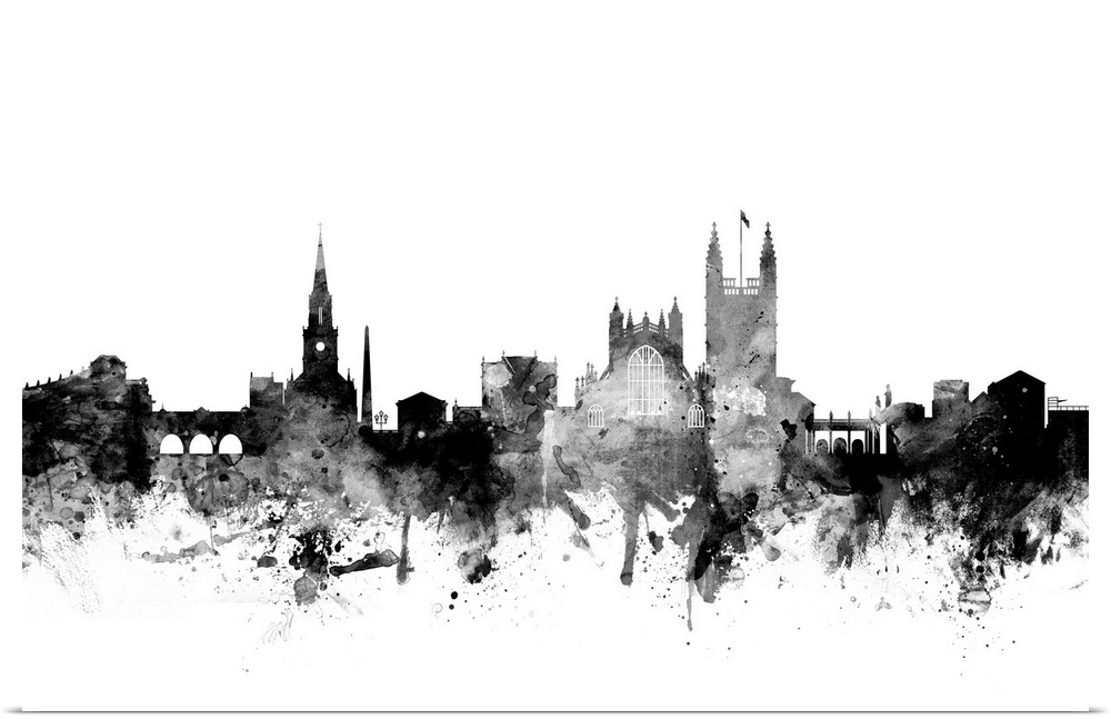 Smokey dark watercolor silhouette of the Bath city skyline.