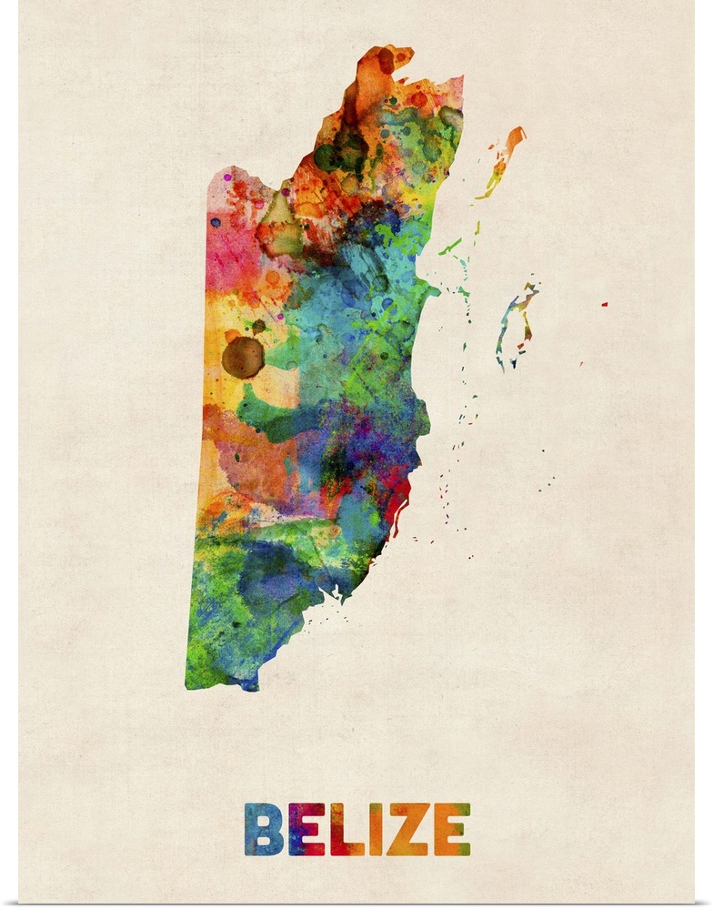 Watercolor art map of the country Belize against a weathered beige background.