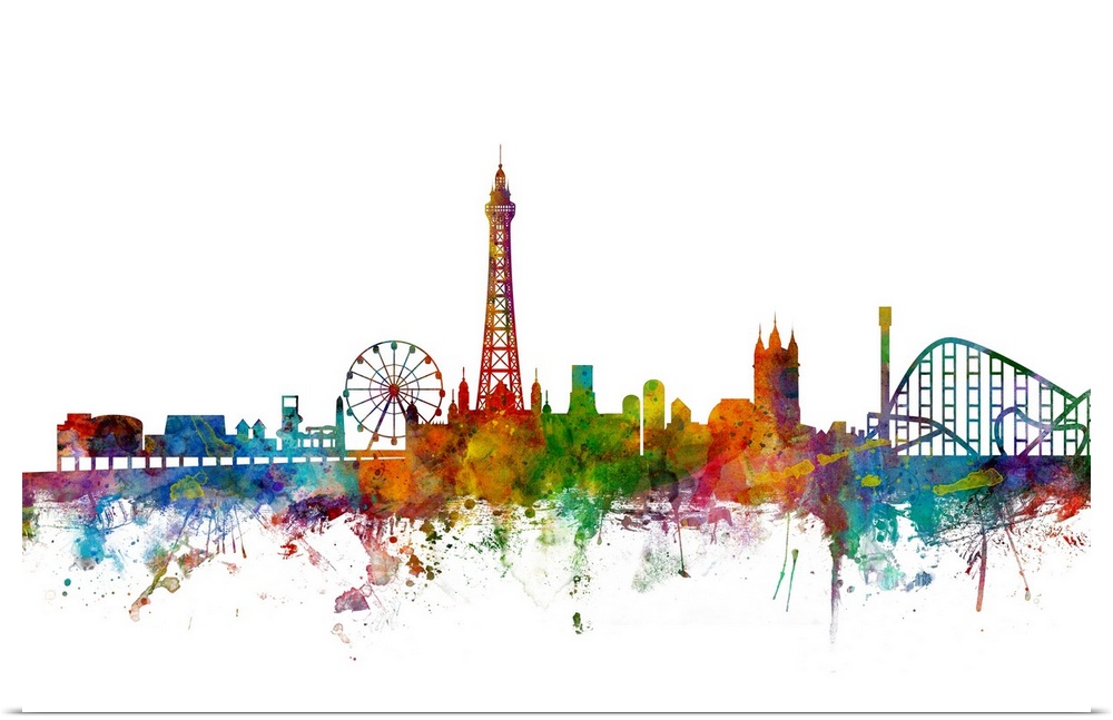 Colorful watercolor splattered silhouetted of the Blackpool city skyline.