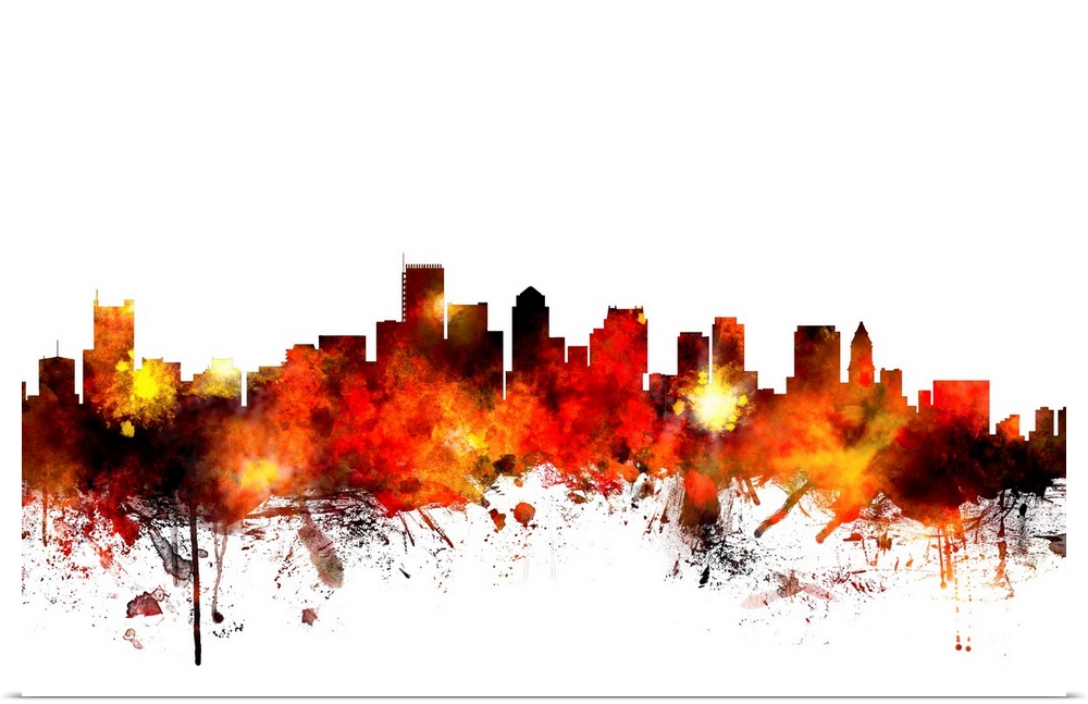 Contemporary piece of artwork of the Boston skyline made of colorful paint splashes.