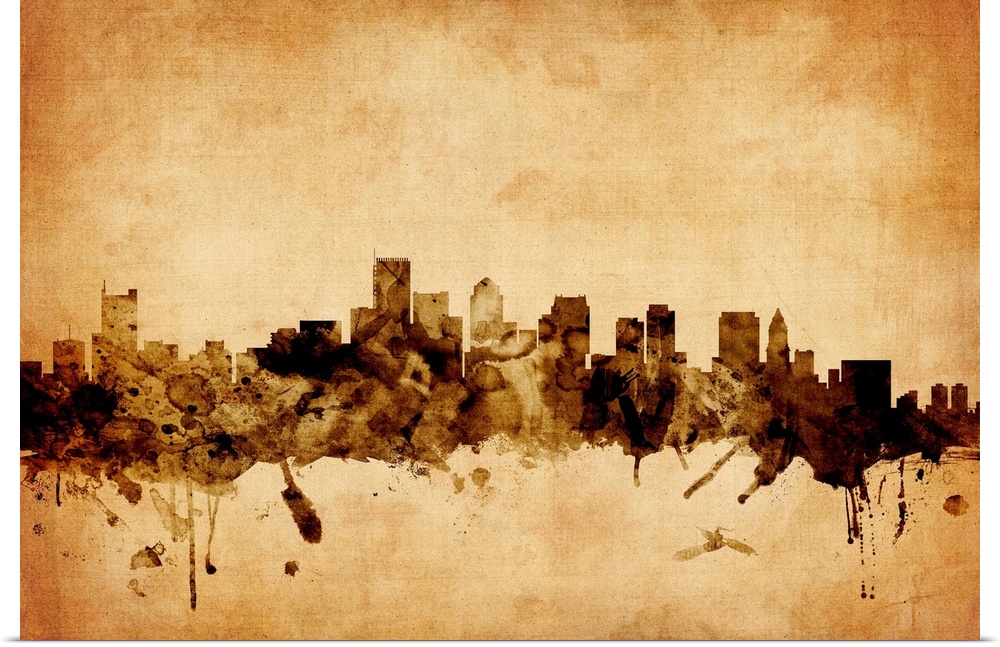 Contemporary artwork of the Boston city skyline in a vintage distressed look.