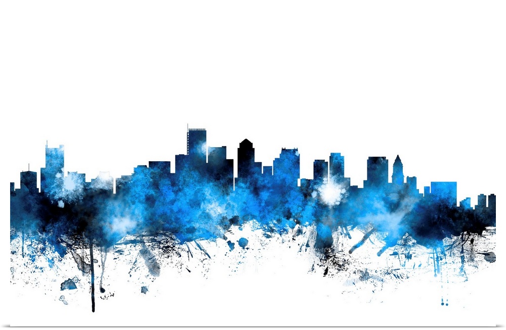 Blue watercolor silhouette of the Boston city skyline.