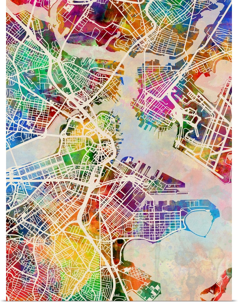 Contemporary watercolor city street map of Boston.