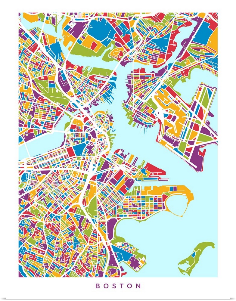 Contemporary colorful artwork of a city street map of Boston.