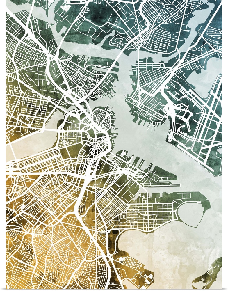 Watercolor street map of Boston, Massachusetts, United States