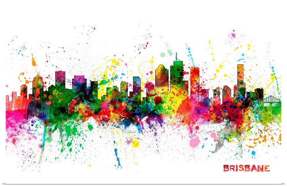 Contemporary piece of artwork of the Brisbane skyline made of colorful paint splashes.