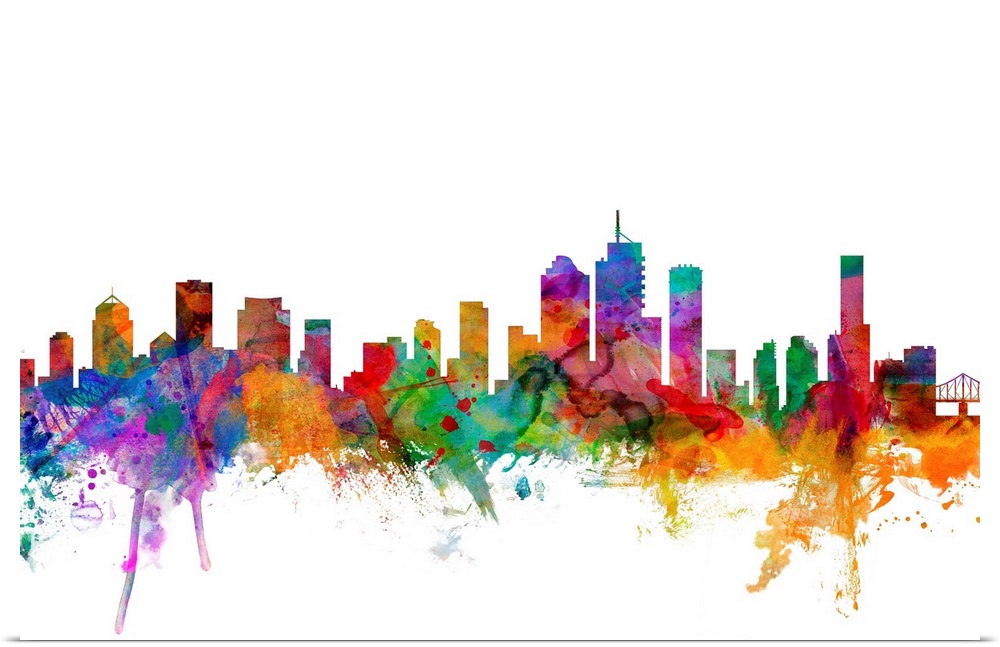 Watercolor artwork of the Brisbane skyline against a white background.