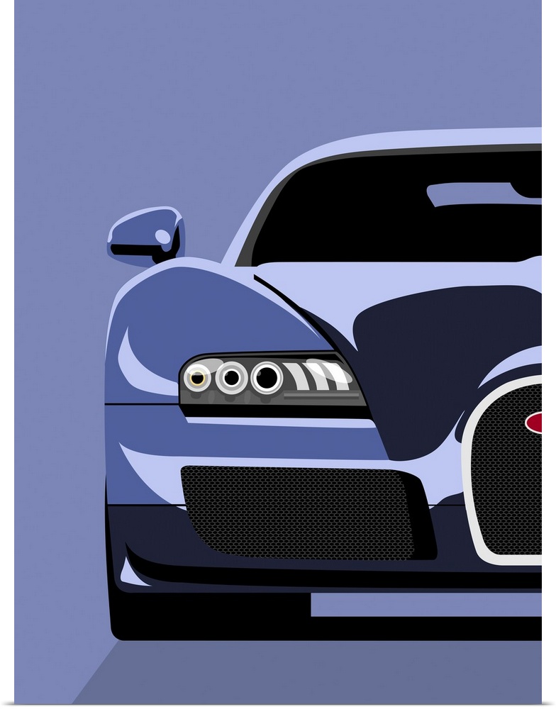 Oversized, vertical pop art on a wall hanging of half of the front end of a Bugatti Veyron, on a solid background.