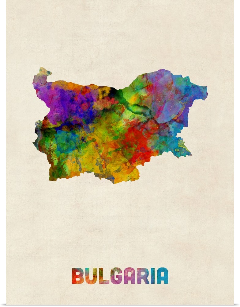 A watercolor map of Bulgaria.