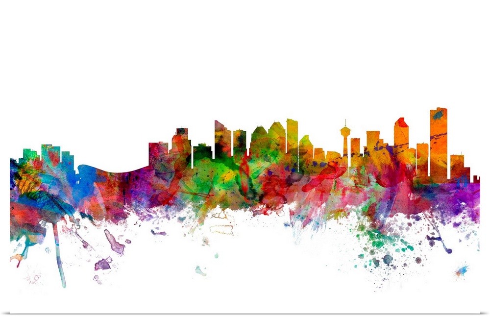 Watercolor artwork of the Calgary skyline against a white background.