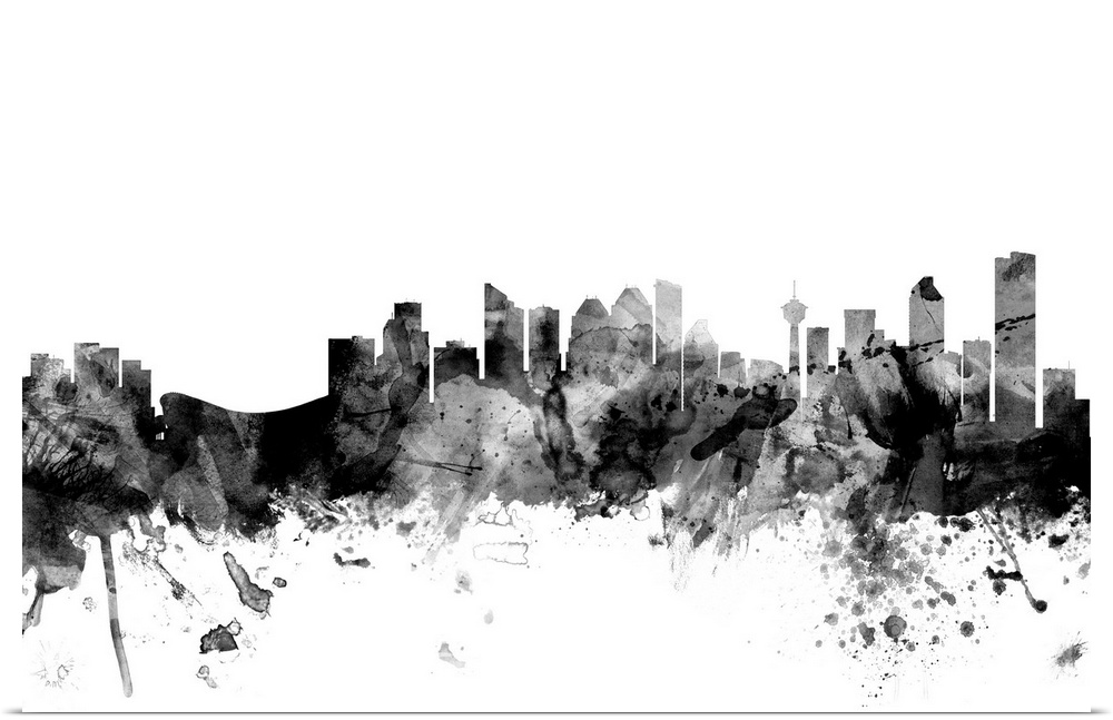 Contemporary artwork of the Calgary city skyline in black watercolor paint splashes.