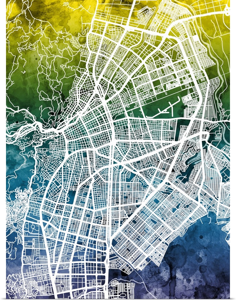 Watercolor street map of Cali, Colombia