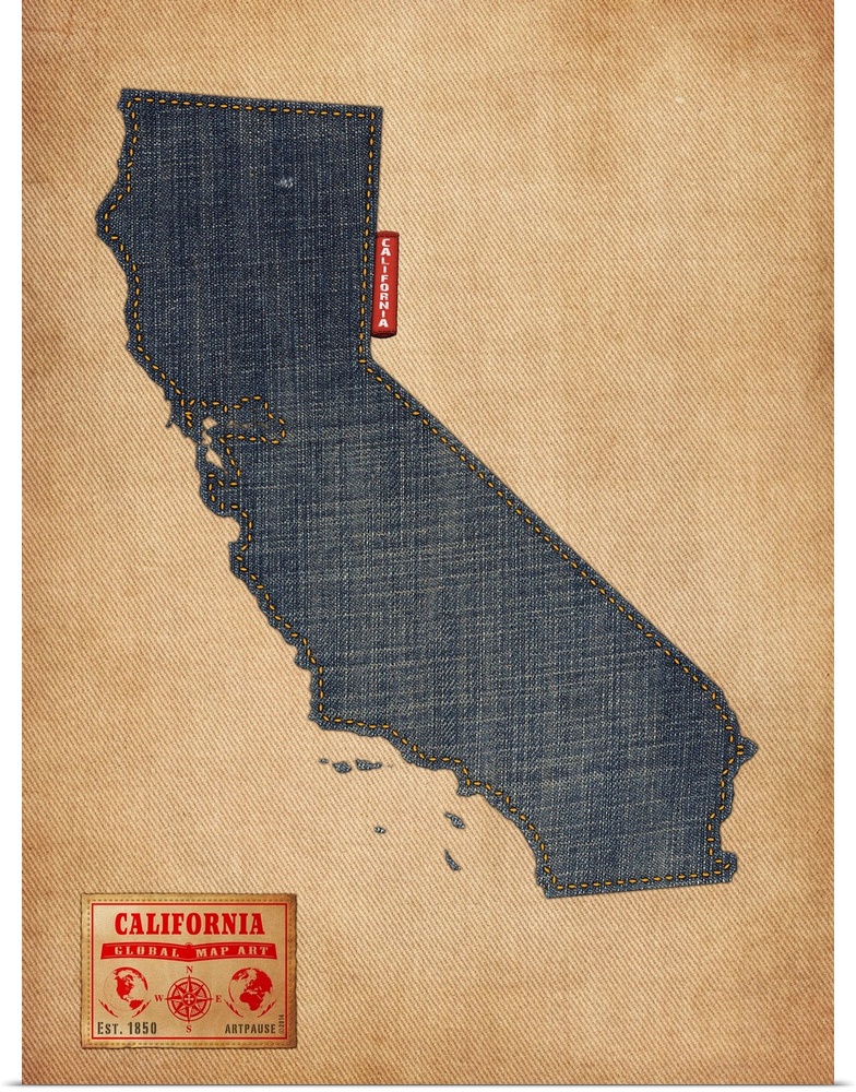 Contemporary artwork of the state of California made of denim, against a rustic background.
