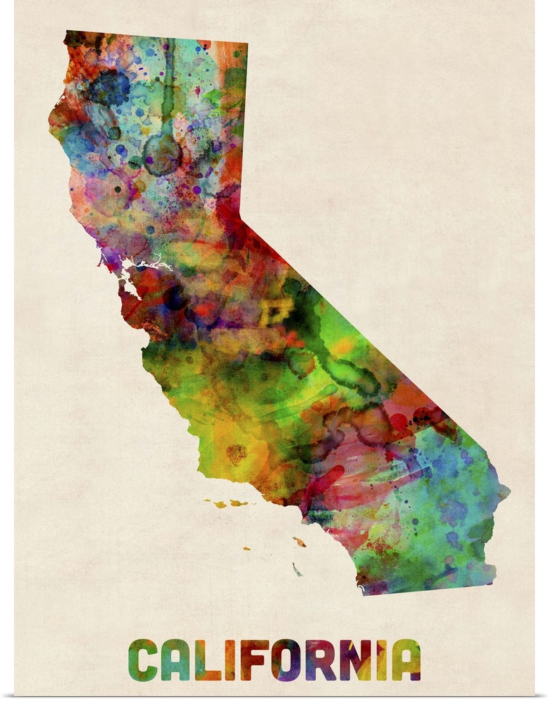 Contemporary piece of artwork of a map of California made up of watercolor splashes.
