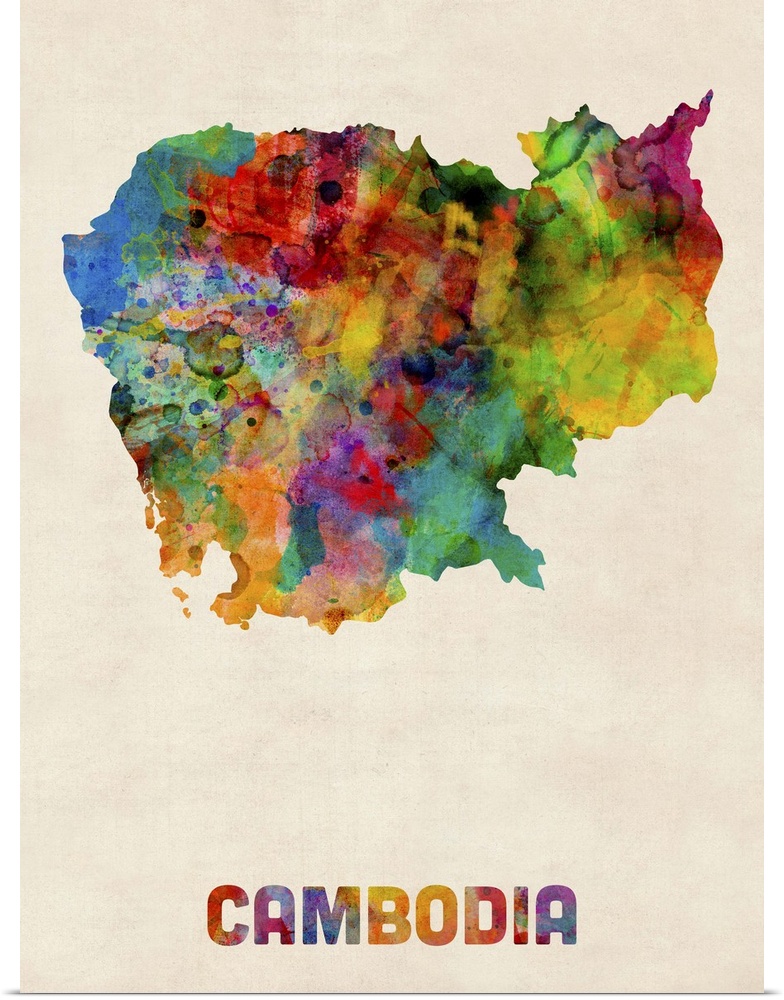 Contemporary piece of artwork of a map of cambodia made up of watercolor splashes.