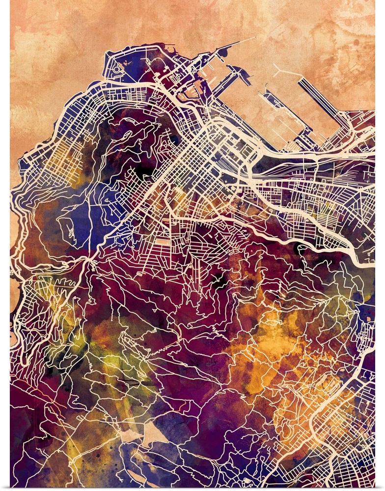 A watercolor street map of Cape Town, South Africa