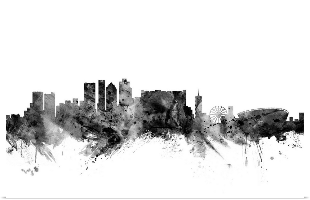 Contemporary artwork of the Cape Town city skyline in black watercolor paint splashes.