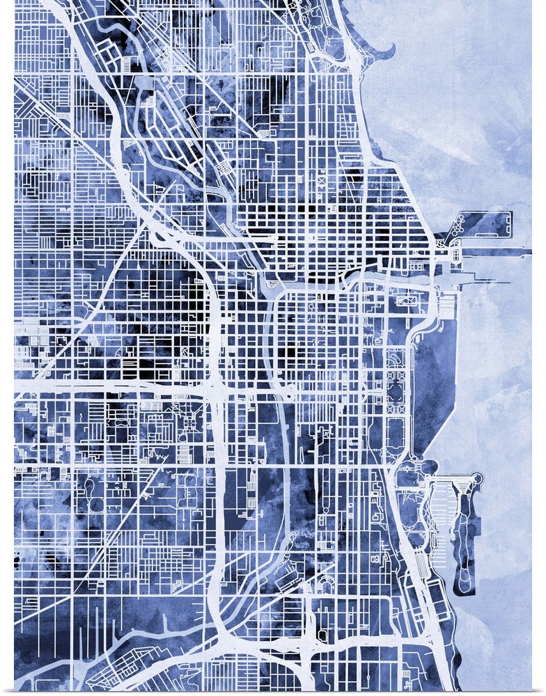 Contemporary watercolor city street map of Chicago.