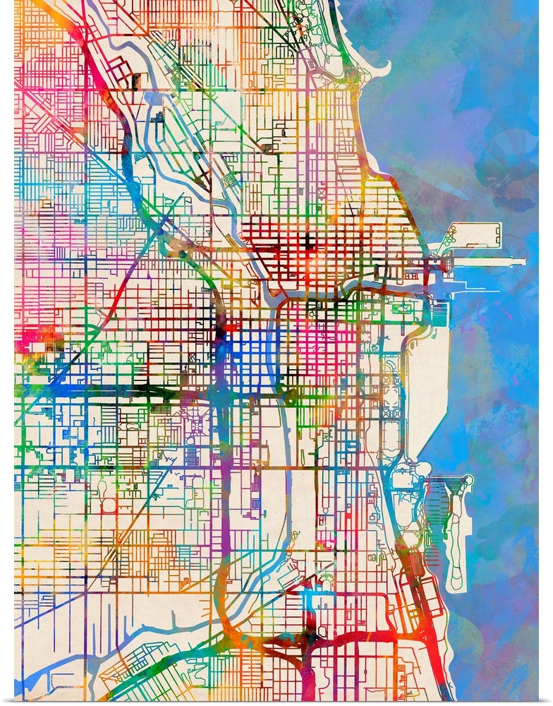Contemporary watercolor city street map of Chicago.