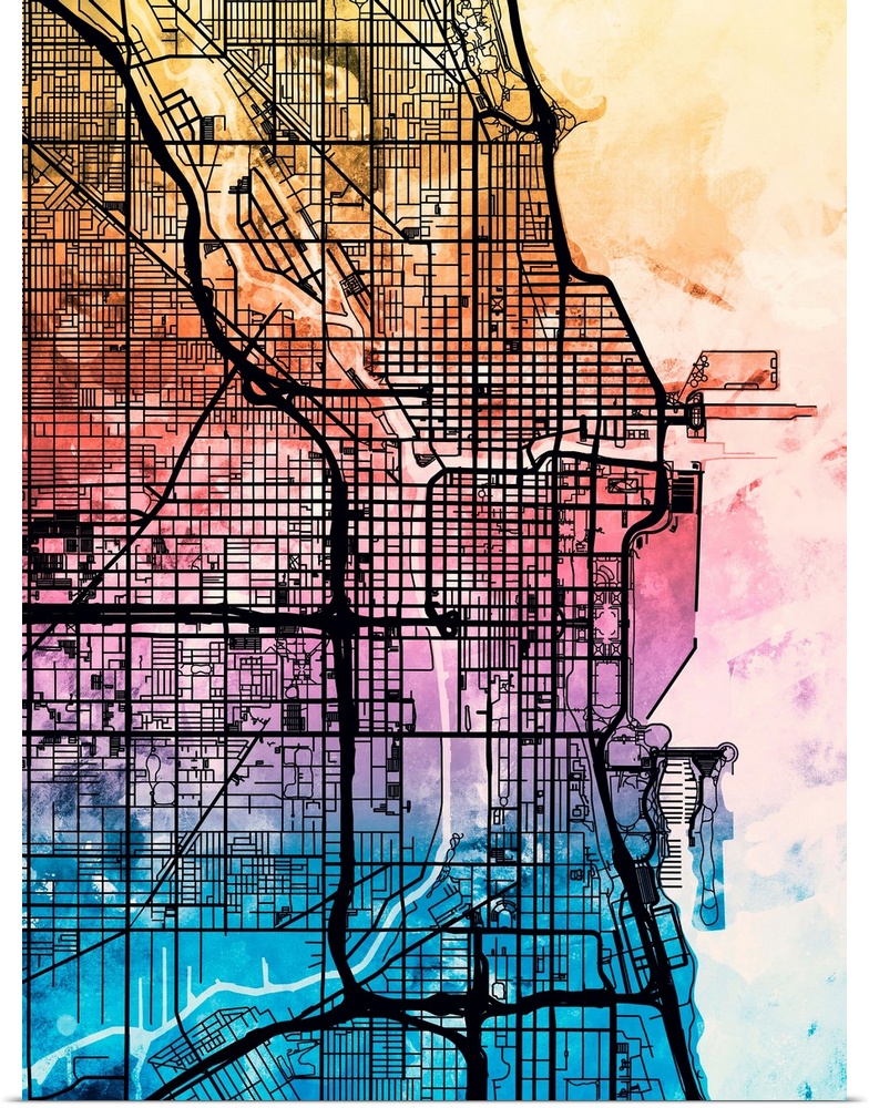 A watercolor street map of Chicago, Illinois, United States.