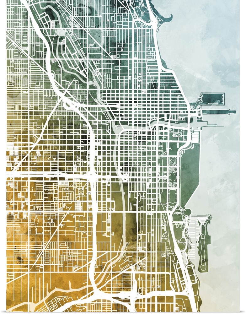 A watercolor street map of Chicago, Illinois, United States