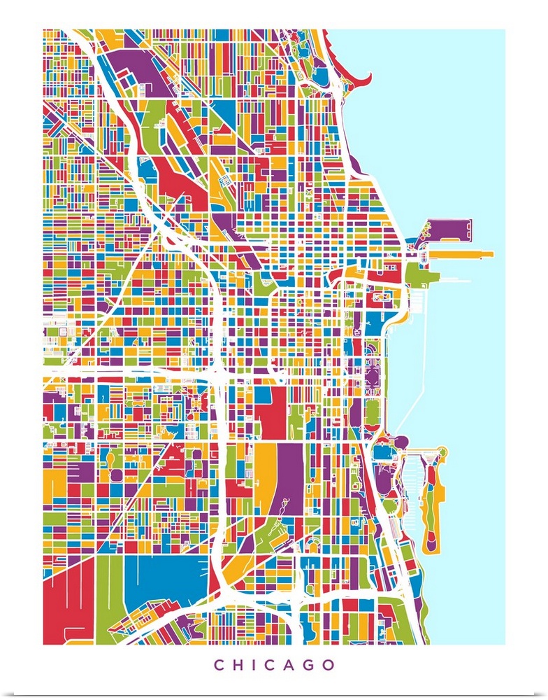 A street map of Chicago, Illinois, United States, with land areas colored green, blue, yellow, red and purple.