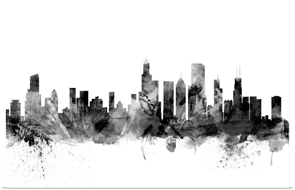 Contemporary artwork of the Chicago city skyline in black watercolor paint splashes.
