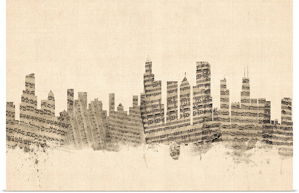 Chicago skyline made of sheet music against a weathered beige background.