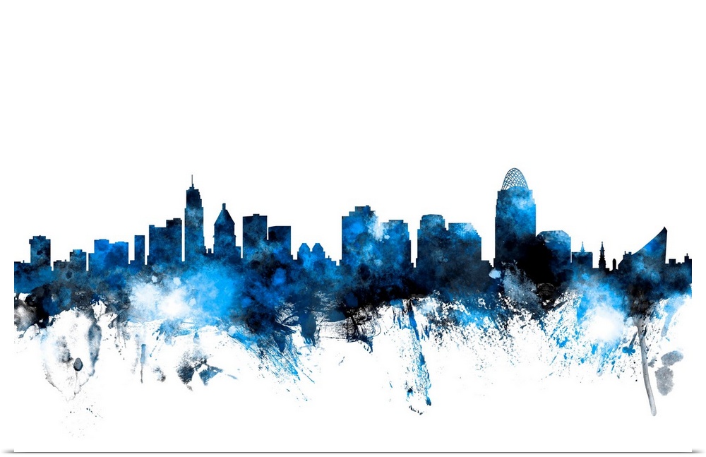 Contemporary piece of artwork of the Cincinnati skyline made of colorful paint splashes.