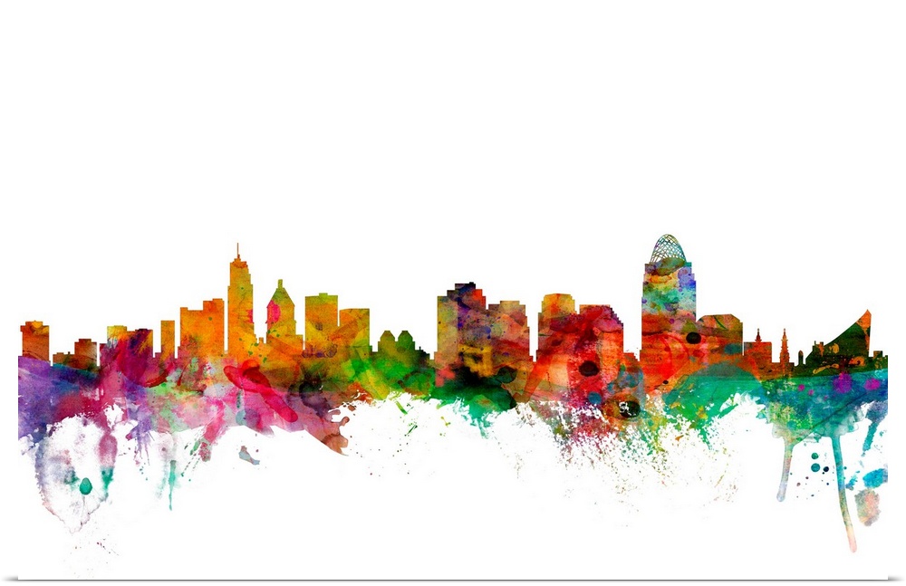 Watercolor artwork of the Cincinnati skyline against a white background.