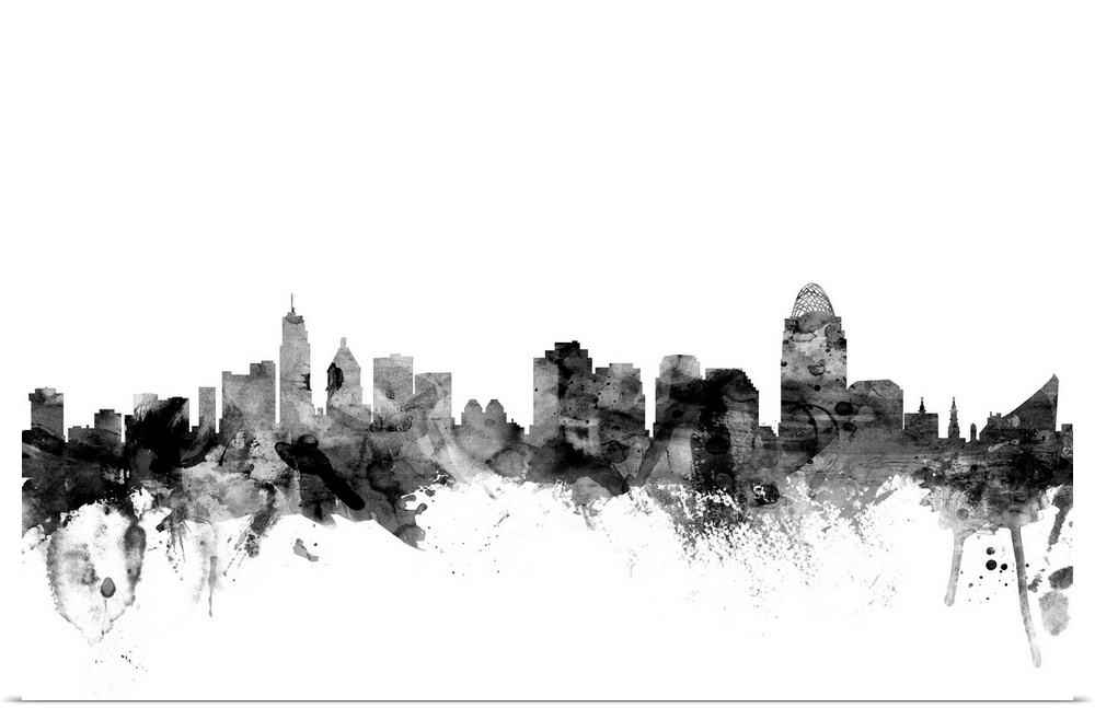 Contemporary artwork of the Cincinnati city skyline in black watercolor paint splashes.