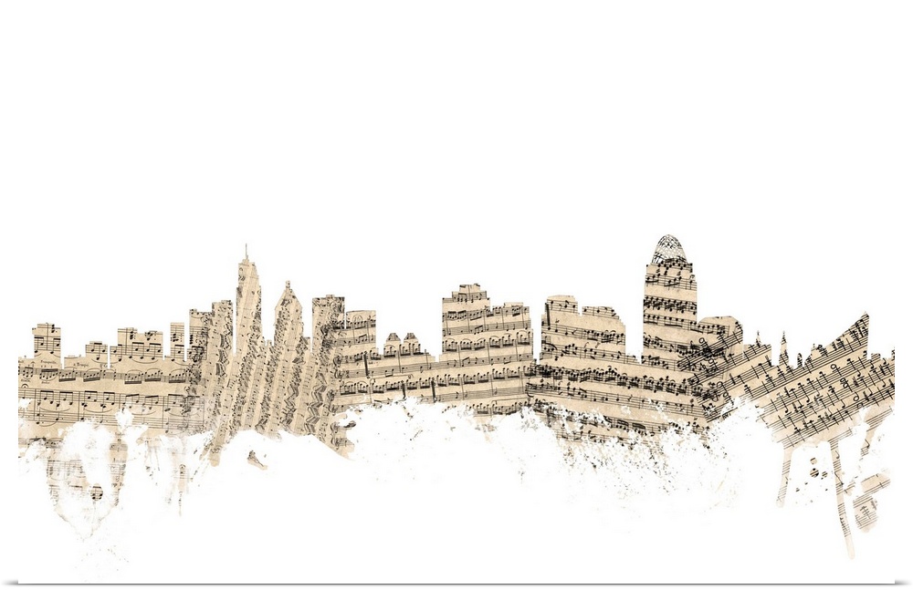 Cincinnati skyline made of sheet music against a white background.