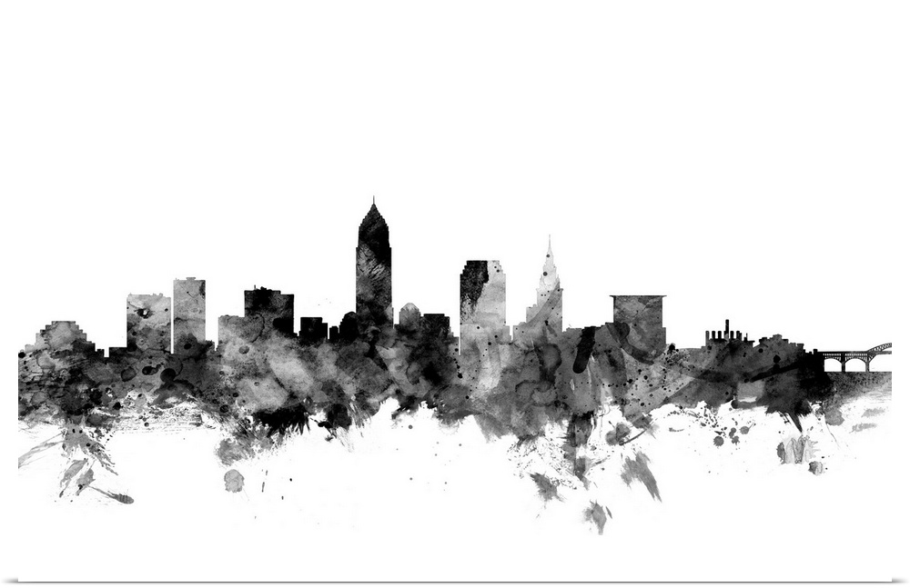 Contemporary artwork of the Cleveland city skyline in black watercolor paint splashes.