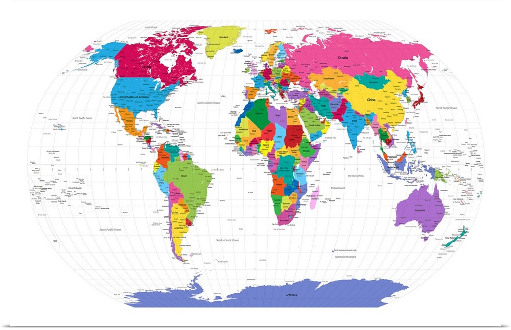 Large artwork of a map of the world with each country colored brightly.