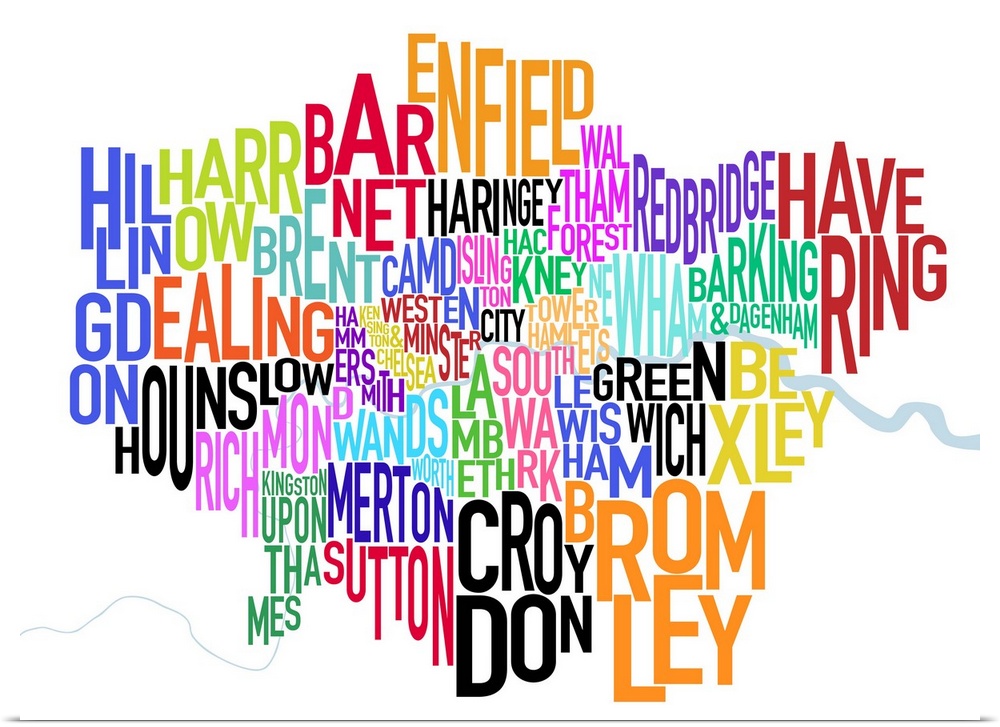 Colored text map of London showing borough names
