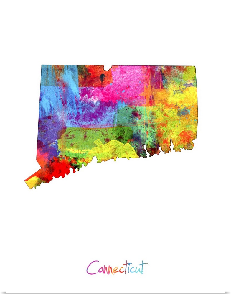 Contemporary artwork of a map of Connecticut made of colorful paint splashes.