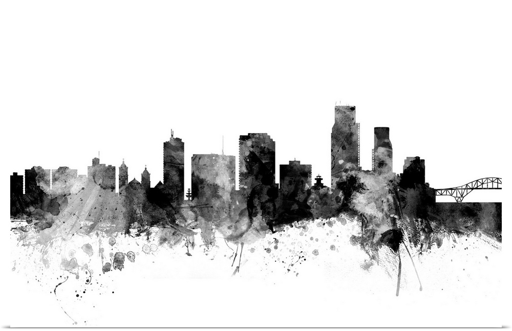 Contemporary artwork of the Corpus Christie city skyline in black watercolor paint splashes.