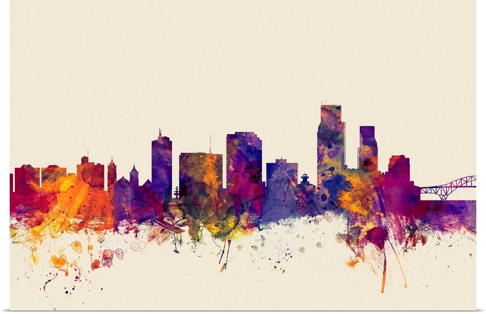 Contemporary artwork of the Corpus Christie city skyline in watercolor paint splashes.