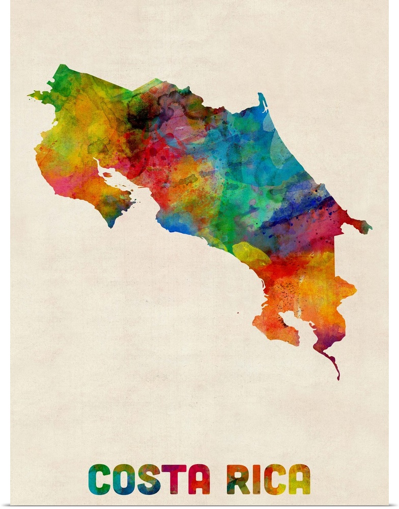 Contemporary piece of artwork of a map of Costa Rica made up of watercolor splashes.