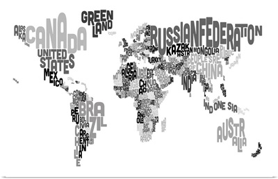 Country Names World Map, Black and White