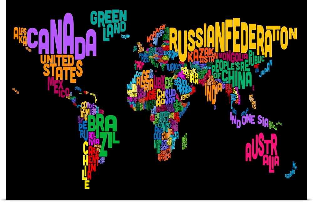 Country Names World Map, Multicolor on Black