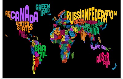 Country Names World Map, Multicolor on Black