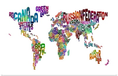 Country Names World Map, Multicolor on White