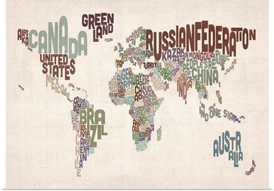 Country Names World Map, Muted Colors on Parchment