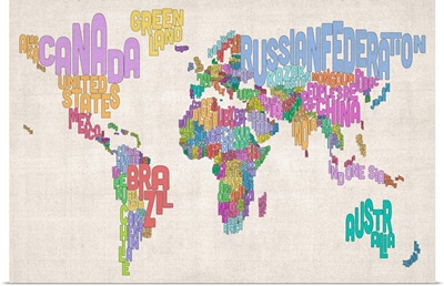 Country Names World Map, Pastel Colors on Parchment