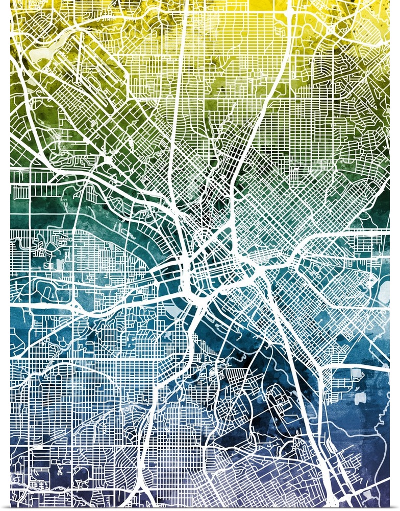 Watercolor street map of Dallas, Texas, United States